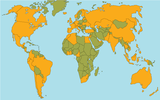 World map of countries using RLT products, links to text listing the institutions
