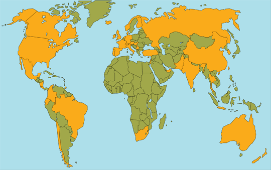 World map of countries using RLT products, links to text listing the institutions